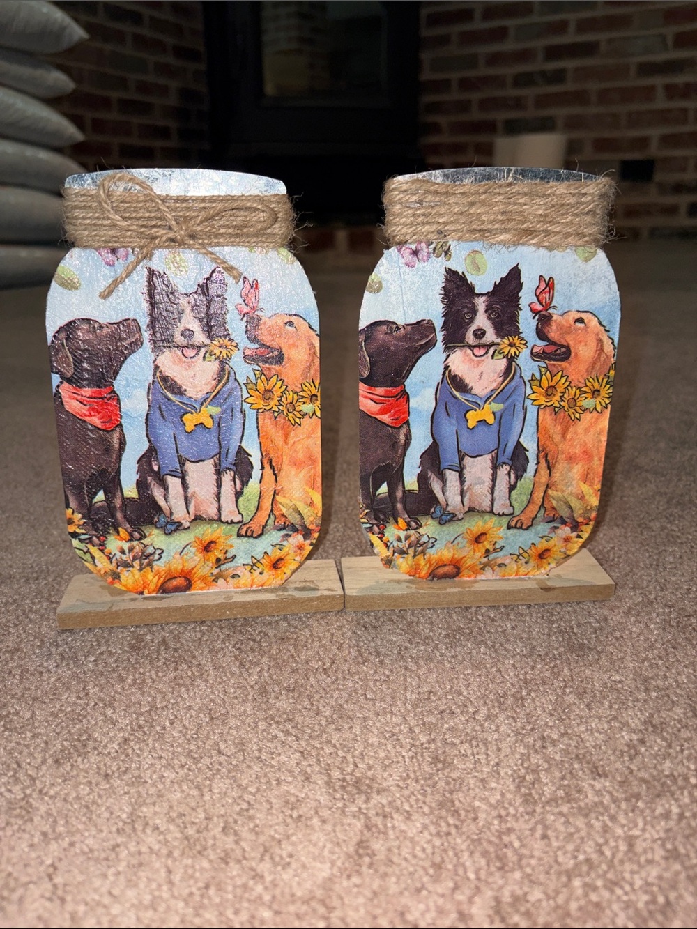 Decorative Dog Trio Mason Jar Plaque - Sunflower Design, Blue & Yellow